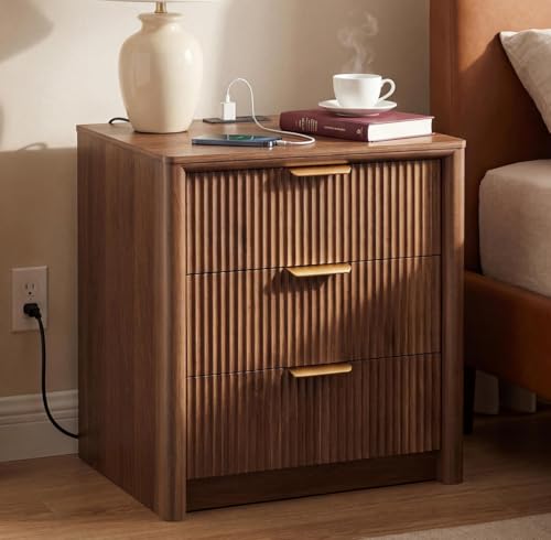 Image of LYNCOHOME 23 inch Fluted Nightstand with Charging Station, 3 Drawer Bedside Table, Modern Night Stand with Curved Edge Design, Wooden End Table for Bedroom, Rounded Night Stand with Storage, Walnut, Brown
