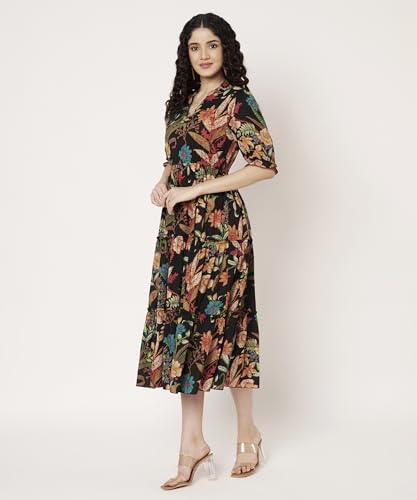 Image of PIDAVLIYA'S Women's Cotton Floral Printed Midi Dress | V-Neck Fit & Flare Dress with Puff Sleeves | Casual Summer Wear