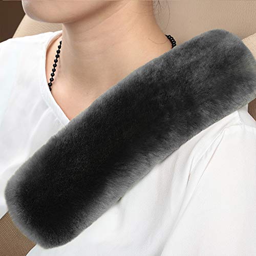 Image of OGLAND 2 Pack Sheepskin Car Seat Belt Cover Pads | Wool Seatbelt Cushions