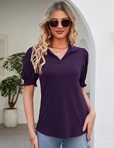 Micoson Womens Blouses For Work Professional Collar V Neck T Shirts Short Sleeve Polo Tops, Dark Purple S #TOP1