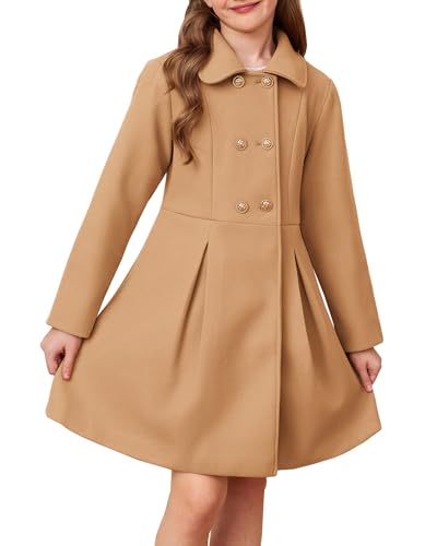 Image of GRACE KARIN Girls Dress Coat Wool Peacoat with Lapel Pockets Winter Warm Long Jacket for Kids Khaki Size 8