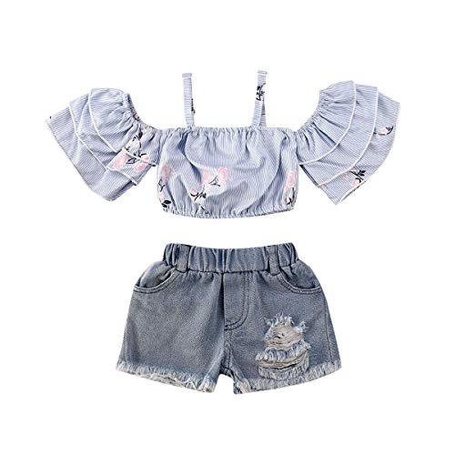 Sommer-Kleidungsset für Mädchen und Babys, kurzes T-Shirt mit Rüschen mit Blumen, schulterfrei + Denim Hose, Blau 18-24 Monate Cover