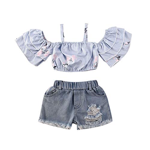 Miaouyo Set di Abbigliamento Estivo per Neonate Top Corto con Spalle Scoperte e Volant Floreale + Pantaloncini di Jeans (Blu, 12-18 M)