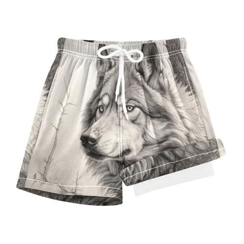 Mountain Wolf Boys Swim Trunks with Compression Liner Quick Dry Bathing Bottom Kids Beach Shorts