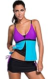 Chase Secret Womens Womens Color Block Tankini Top with Skirt Bikini Bottom Swimsuit Set (XL, Purple Blue)