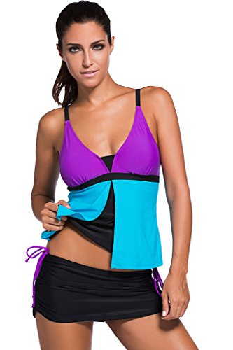 Chase Secret Womens Summer V Neck Top and Pantskirt Swimwear Set (XXL, Purple Blue)