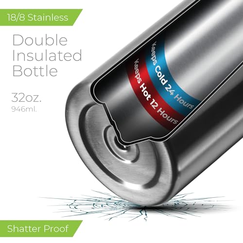 Image of SipX 32 oz Stainless Steel Insulated Water Bottle with Leakproof Lid & Carry Hook - Triple Insulated - Cold 24 Hours /Hot 12 Hours - Perfect for Gym, Work, Sports, Travel - Stainless