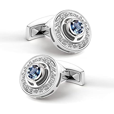 Cufflinks Round Shape Navy Swarovski Crystal Cuff Link Silver, Mr.Van Circle Classic Blue Crystal Cufflinks for Men Business Wedding Party Elegant Style Cover