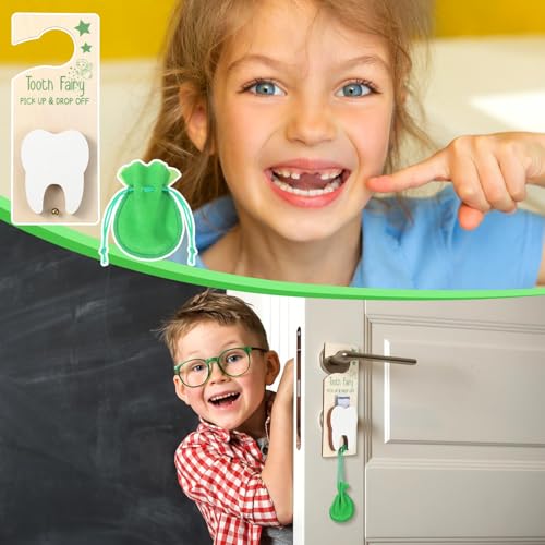 Image of DoubleFill Fairy Tooth Gift Holder Bag Door Hanger Lost Teeth Keepsake Box Tooth Fairy Kit Stores Back to School Gift for Lost Teeth Boy Girl Primary School Classroom Gifts(Classic,Green)