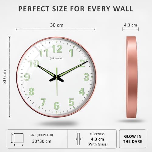 Image of Auromin Antique Radium Glass Wall Clock Night Glow for Bedroom | Night Light Silent Glass Wall Watch for Living Room, Living Room, Study | Large Stylish Clock with Glow in Dark Numbers (Rose Gold)