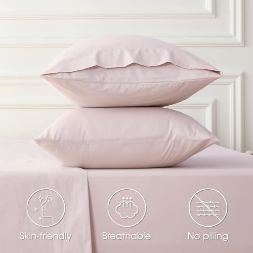 HYPREST Extra Deep Pocket Queen Sheet Sets Fits 18"-24" in Deep Mattress -100% Cotton Queen Sheet Set,Pink Hotel Luxury Soft Wrinkle Free Cooling Sheet Sets for Queen Bed Deep Pocket