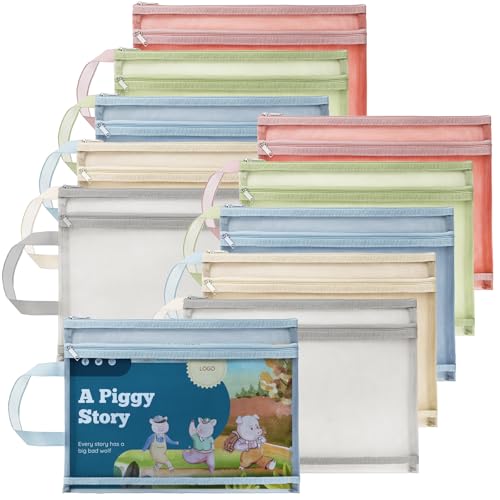 Image of Goaste 10 Pack Mesh Zipper Pouch Bags, Double-Layer Nylon Mesh Bags with Handle, Portable Puzzle Building Block Sets Toy Storage Bags, Colored A4 Document Storage Organizer for School Office Games