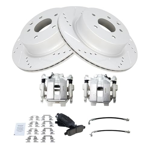 Image of TRQ Performance Rear Brake Pad and Rotor Set Ceramic Drilled Slotted Rotors Calipers Compatible with 2011-2012 Infiniti G25 2011-2012 G37 2015 Q40