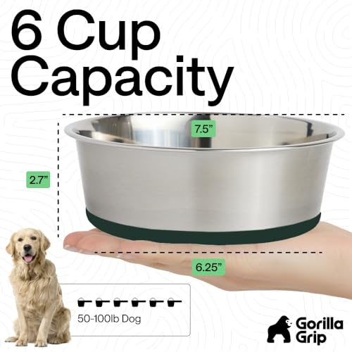 Image of GORILLA GRIP Dog Bowls, Food Grade 304 Stainless Steel, Holds 6 Cups Each (48 fl oz) Food and Water Bowl for Feeding Dogs and Cats, Dishwasher Safe, Rust Resistant, BPA Free Rubber Base Set of 2 Green