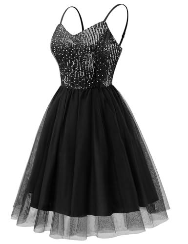 Image of Dressystar 2026 Women's Tiered Sparkly Sequin Glitter Formal Prom Dress Mini Spaghetti Strap Tulle Cocktail Party Dresses