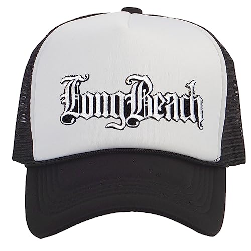 TOP HEADWEAR Old English Trucker Hat City Snapback Cap B/W Long Beach