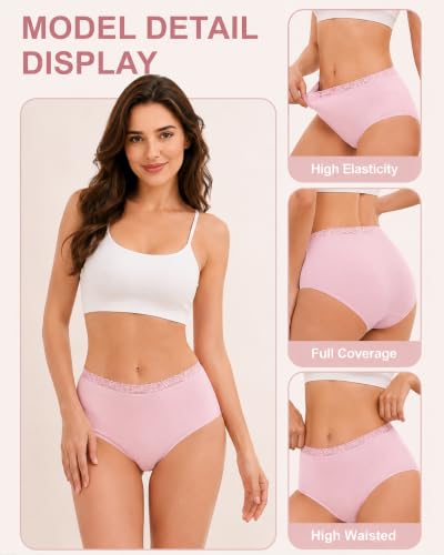 Image of UNDER THE SEA Cotton Underwear for Women High Waisted Lace Briefs Soft Breathable Womens Panties 5 Pack S-3XL