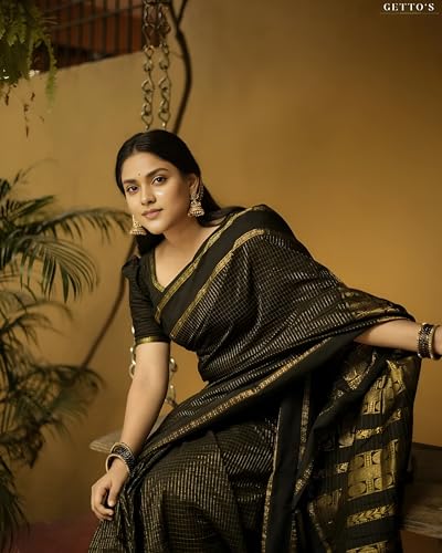 Image of South Cotton Gadwal Saree for Women | Celebrity Inspired Traditional Ethnic Wear | Chettinad & Kalyani Cotton Sarees | Soft Cotton Saree with Blouse Piece | Black