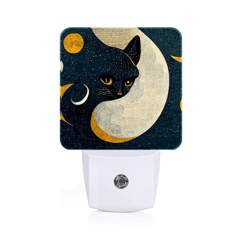 Image of Black Cat Moon Night Light,Plug Into Wall for Boys Girls Bedroom Decorative Square Night Light Lamp 0.5w Sleep Friendly