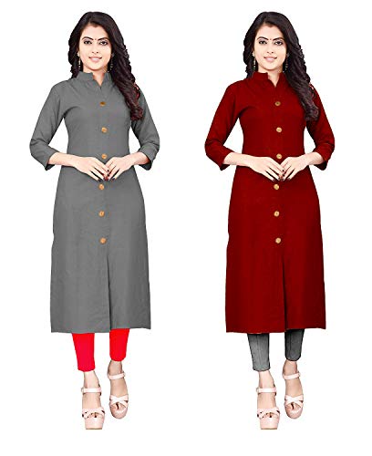 Image of NATEK Women's Cotton Straight Plain Kurtis Combo Pack of 2