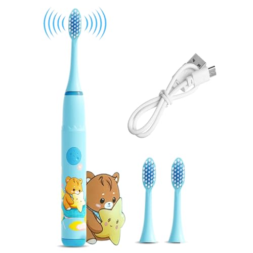 Image of Obvie Sonic Electric Kids Toothbrush with 4 Brushing Modes, 19000 Strokes per minute, IPX7 Waterproof, Soft Nylon Bristles, Rechargeable Battery, Electric Power Tooth Brush, 3 Heads (Blue)