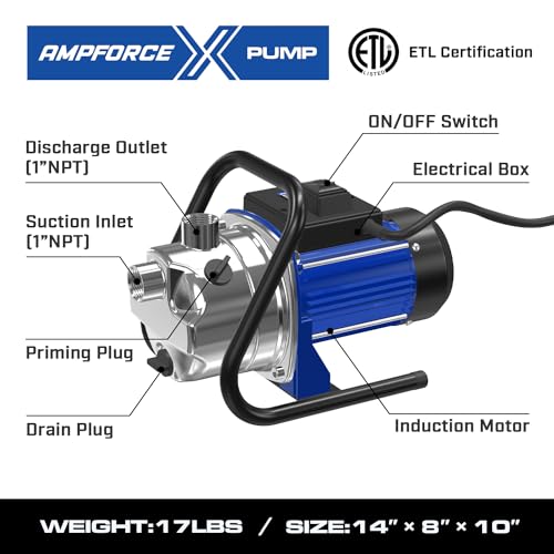 Ampforce 110V Electric Shallow Well Pump, 1.5Hp 1532Gph 152Ft Water Transfer Pump, Portable Stainless Steel Sprinkler Booster Jet Water Pumps For Garden Lawn Irrigation System thumb #4