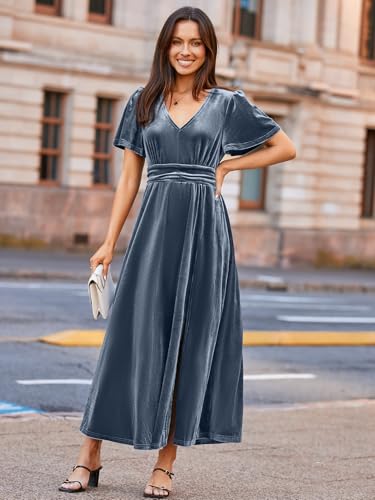 Image of Simplee Women's Velvet Maxi Dress V Neck Short Sleeve Empire Waist Semi Formal Long Cocktail Dresses