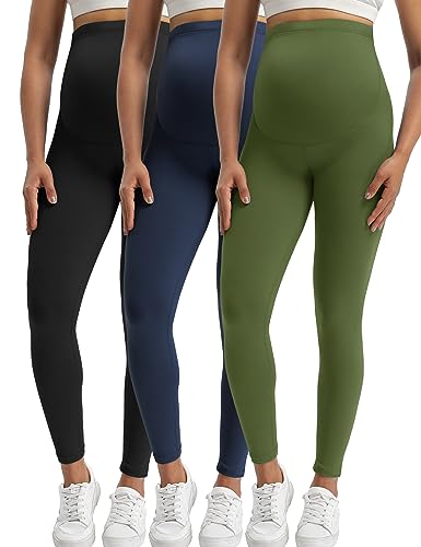 Buttergene Leggings de Maternidad para Mujer sobre el Vientre Embarazo, Ropa Activa, Entrenamiento, Yoga, Medias, Paquete de 3 Negro/Azul Marino/Oliva, Medium
