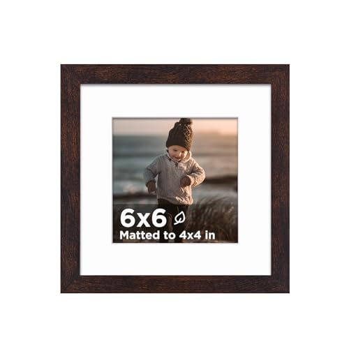 KINLINK 6x6 Picture Frame Brown, Wooden Square Photo Frame Matted 4x4 with Plexiglass for 4x4 with Mat or 6x6 without Mat for Table and Wall Display