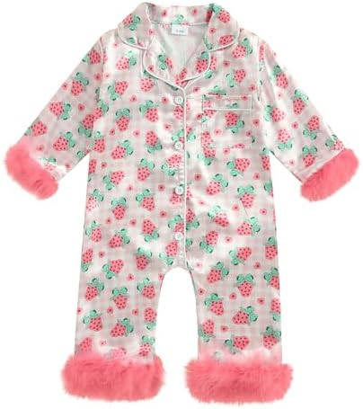 woshilaocai Baby Girl Button Down Romper Bow Strawberry Fuzzy Cuff Long Sleeve Jumpsuit Spring Summer Clothes