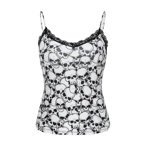 Morvia Women's Contrast Lace Trims Scoop Neck Halloween Skulls Allover Print Cami Tops, Soft Comfy Silky Casual Summer Sleeveless Top Wear (US, Alpha, Small, Regular, Short, Black) Cover