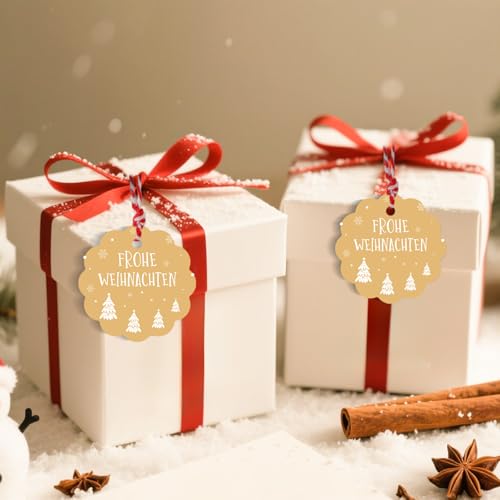jijAcraft Frohe Weihnachten Geschenkanhänger Rund: 6cm Kraftpapier Weihnachtsanhänger 100 Stück Frohe Weihnachten Papieretiketten Tags mit Schnur zum Adventskalende DIY Weihnachtsbaum