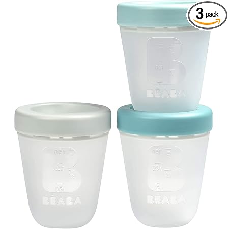 BEABA - Silicone Container - Baby Food Storage Portions - Air Tight and Leakproof for Snack Storage - Stackable and Interlocking - Graduated Cup with 200 ml Capacity - Microwave Safe - Set of 3