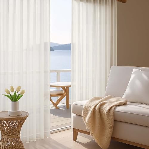 Image of OWENIE Ivory Sheer Curtains 120 Inches Long 2 Panels Set, Airy Lightweight Sheer Ivory Curtain for Living Room Bedroom, Farmhouse Voile Filmy Rod Pocket Curtains Drapes, 2 Pcs, Each 59 inch Wx120 L Inch