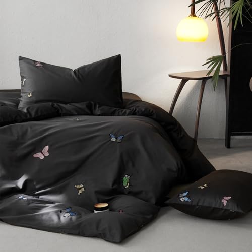 CASA FAB 掛け布団カバー 長繊維綿100% 高級コットンサテン 光沢があり肌触りの良い刺繍 寝具カバー 高密度生地300本 通気性・吸湿性・毛羽だちにくい シルクのような肌触り 高級で贅沢なホテルスタイル (セミダブル)（ブラック）