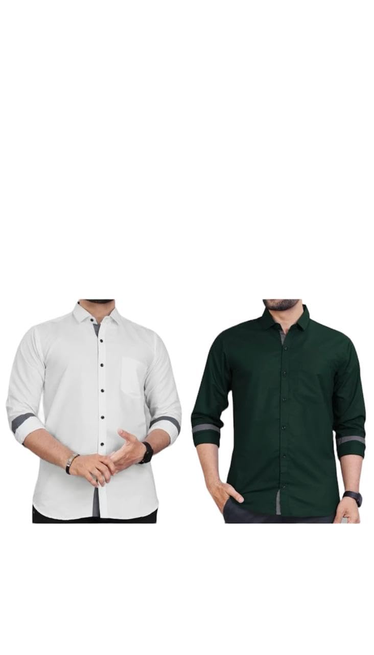 PR Pink Royal Casual Shirt for Men|| Shirt for Men|| Men Stylish Shirt || Men Solid Shirt White::Dark Green Shirt_110-White,Dark Green-XL