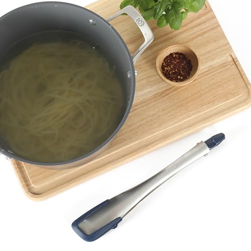 Image of Calphalon Prime 12-Inch Kitchen Tongs, Stainless Steel Grilling Tongs with Navy Silicone Heads, Heat-Resistant Locking Kitchen Tongs with Ergonomic Weighted Handle