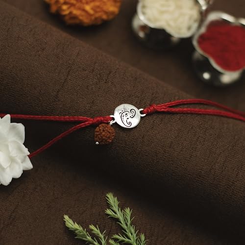 Image of Meenakari Pure 925 Sterling Silver Small Ganesha Coin with Rudraksha Rakhi set with Roli Chawal and Rakshabandhan Greeting Card For Brother /Boys /Men /Unisex