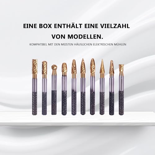 CSOOM 10-teiliges Hartmetall-Rotationsfeileset – Gerändelter Griff, Doppelschneiden, Kugel-/Konusform – Für Bohrmaschinen, Metall-/Holzbearbeitung