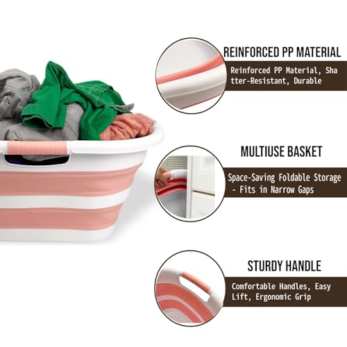 Image of SAMMART 40L (10.5 gallon) Set of 2 Collapsible Plastic Laundry Hamper - Foldable Pop Up Storage Container /Organizer - Portable Washing Tub - Space Saving Basket (2, White /Quartz Pink)