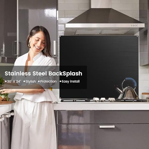 Image of Stainless Steel Stove Backsplash Panel - Ultra Flat Black Metal Splatter Guard for Kitchen Wall & Range Hood, with 4 Pre-Drilled Holes - Easy Install Stove Backsplash Protector （ 29.5 inch x 24 inch ）