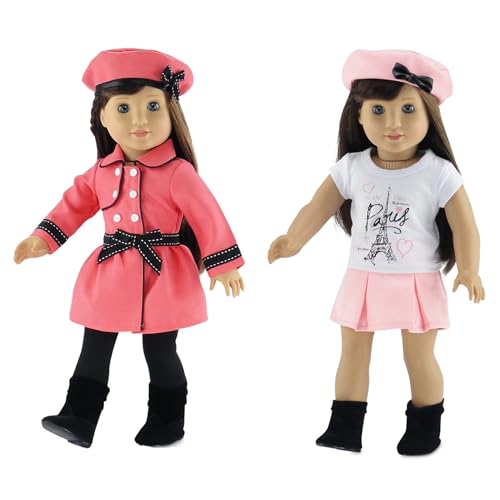 Emily Rose 18' Doll Paris Fashion Bundle - 7-Piece Chic Travel Outfit Set with Coat, Beret Hats, Graphic Tee & Ankle Boots - Gift Boxed French Style...