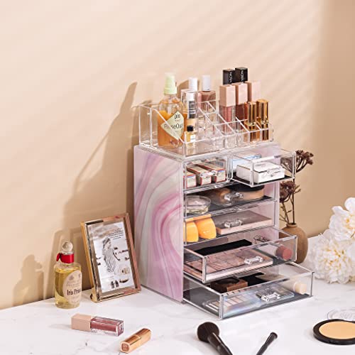Image of Sorbus Acrylic Makeup Organizer Set, 6-Drawer Vanity & Countertop Cosmetic Storage with Small & Wide Compartments, Tie Dye Makeup Storage for Brushes, Jewelry - Holiday Gift for Women & Teens