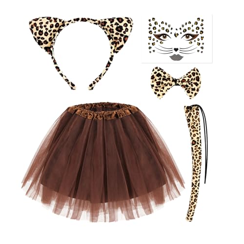 Aurasky Leoparden Kostüm Set, Leoparden Ohren Haarreif + Leoparden Tattoo Gesicht + Braun Tüllrock + Schwanz +Fliege, Tierkostüm für Kinder Karneval Fasching Halloween Cosplay