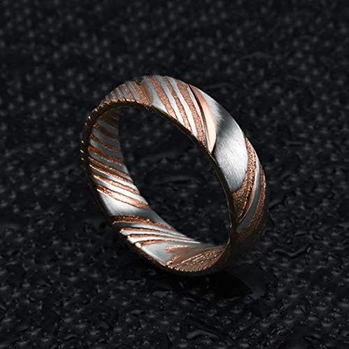 (6mm) Unisex or Women's Rose Gold and Damascus Tungsten Carbide Wedding Ring Band. Rose Gold and Silver Accented Wood Grain Swirl Design. One Year Warranty Included.3