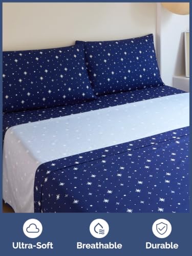 Image of Kids Full Size Starry Bed Sheets - 4 Piece Kids Starry Sheet Set - Celestial Night Bedding - Ultra-Soft, Cute & Cozy - Breathable & Machine Washable - Navy Bed Set for Boys, Girls, Teens & Toddlers