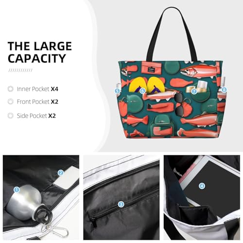 Salmon Pattern Print Waterproof Beach Bag For Womentote Bag Zipper And Pockets For Travel Vacation3