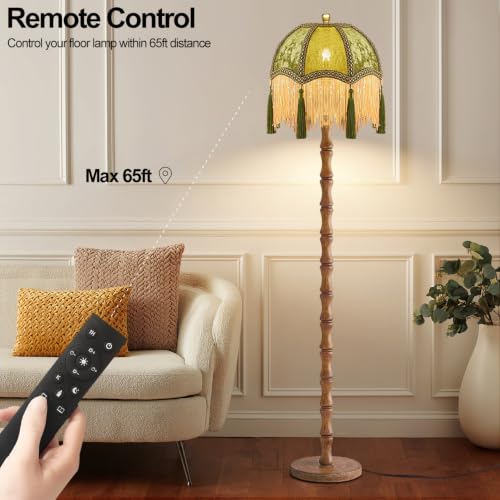 Image of AHDWDW Vintage Floor Lamp for Living Room Bedroom,Victorian Floor Lamps with Remote,Wood Standing Tall Lamp with Green Tassels Velvet Lampshade,Fringe Dimmable Floor Lamp for Corner Reading Decor