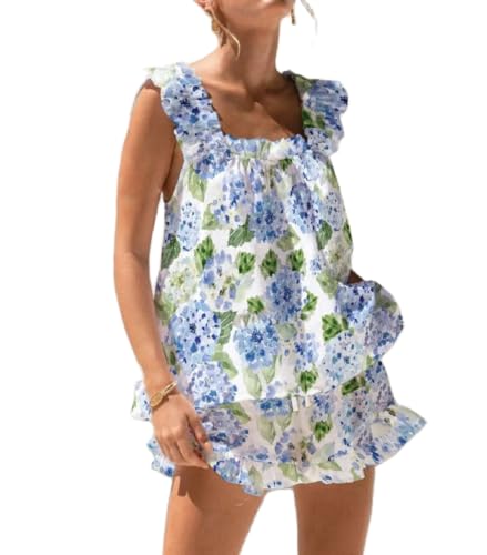 Image of ROAONOCOMO Women Floral Pajama Set Ruffle Babydoll Cami Top Coquette Pj Set Gingham 2 Piece Shorts Outfit Bridal Loungewear