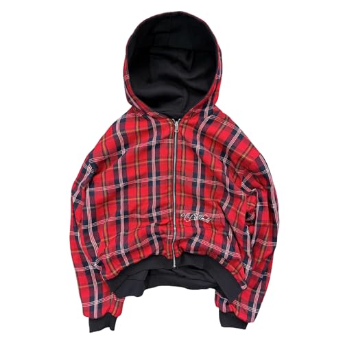 Y2k Grunge Plaid Zip Up Hoodie Men Streetwear Jacket Oversized 2000s Graphic Hoodie Fall Baggy Rapper Sweatshirts